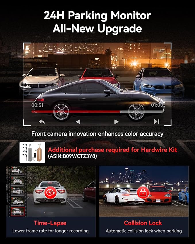 REDTIGER ViewClear 70 4K+2.5K Dash Cam Front and Rear, STARVIS 2 IMX678 x Wondrix™ Sensor, Dual HDR Hyper Night Clarity, 5.8GHz WiFi 6, 30MB/S Fast Download, Dash Camera with 24H Parking Monitor