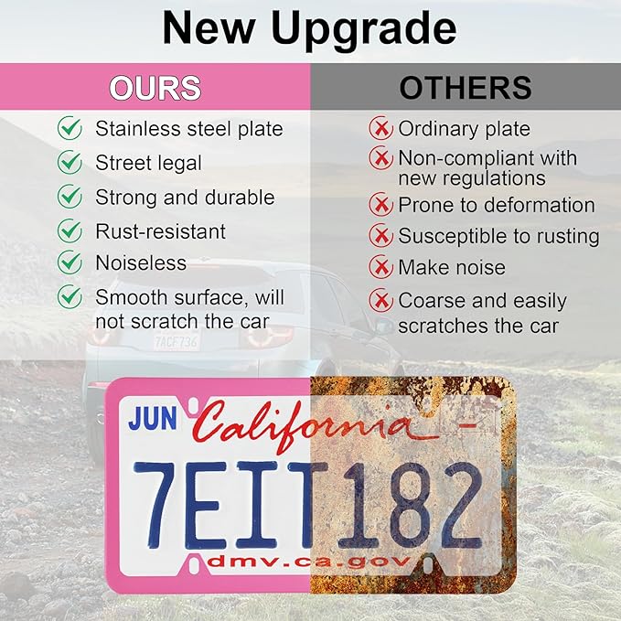 LivTee 4 Holes Stainless Steel License Plate Frames, 2 PCS Car Licence Plate Covers, Automotive Exterior Accessories Slim Design with Bolts Washer Caps for US Vehicles, Pink