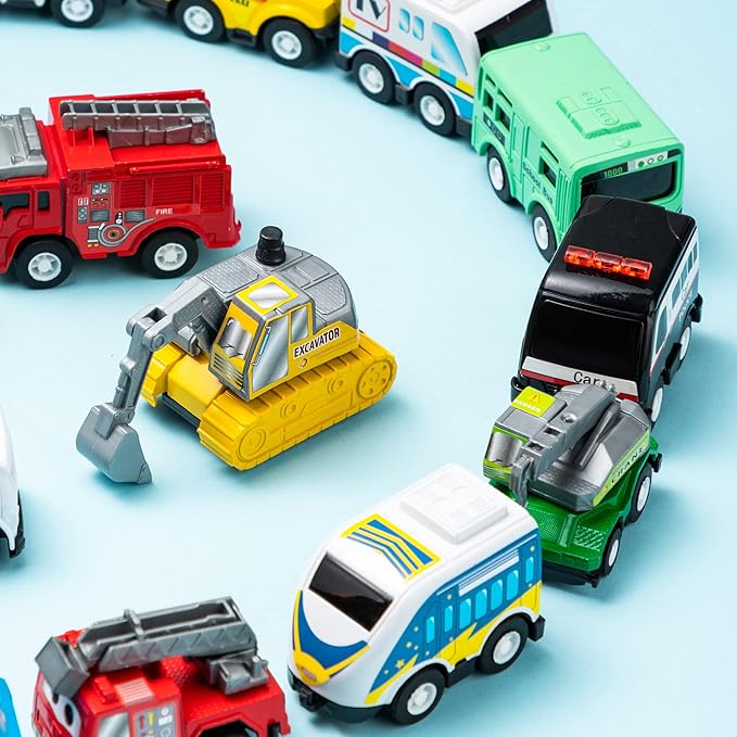 JOYIN 18 Pcs Pull Back City Cars and Trucks Toy Vehicles Set, Friction Powered Cars Toys for Toddlers, Boys, Girls’ Educational Play, Kids Stocking Stuffers, Treasure Box Gifts for Classroom