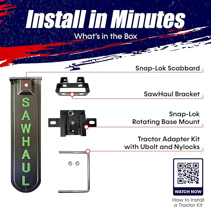 SawHaul Snap-Lok Universal Chainsaw Carrier Kit for Tractors and Skid Steers – 20 Inch Green Scabbard with Rotating Mount – Compatible with All Chainsaw Brands – Made in USA
