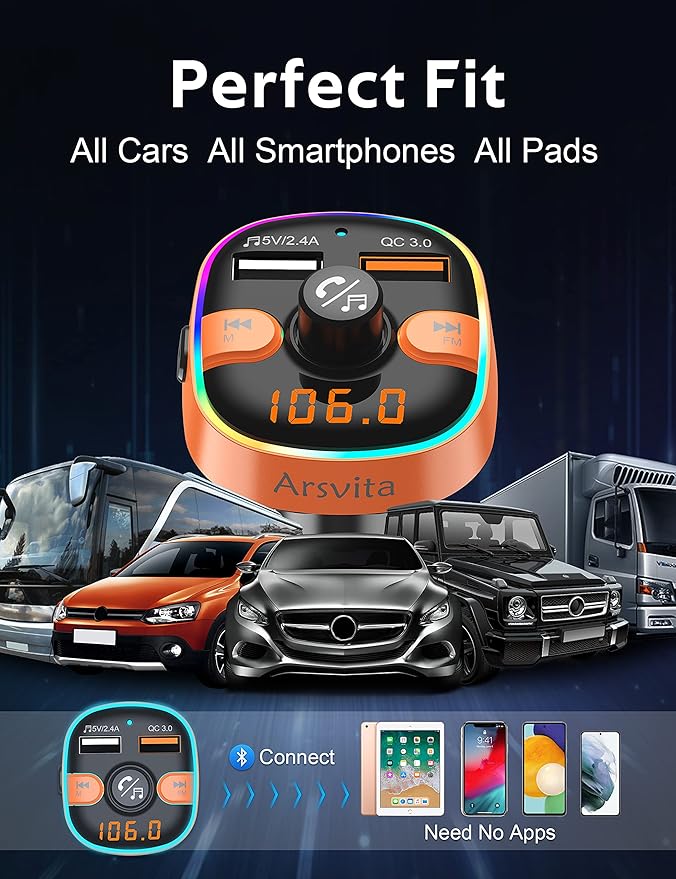 Upgraded Arsvita Bluetooth FM Transmitter for Car, Radio Receiver/Audio Adapter with Dual Car Charger, Support QC3.0 Quick Charging, Hands-Free Calling and Hi-Fi Sound Playback, Orange