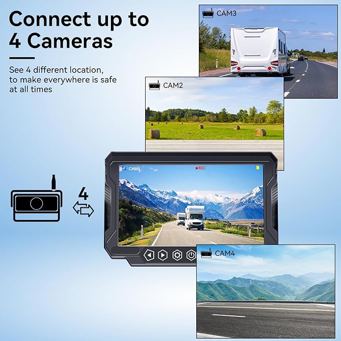 RV Backup Camera Wireless 7-inch for Furrion: Touchkey 4-Channel with Recording 1080P HD RV Rear View Camera Night Vision Waterproof Easy Install for Trailers, Boats, Fifth Wheels