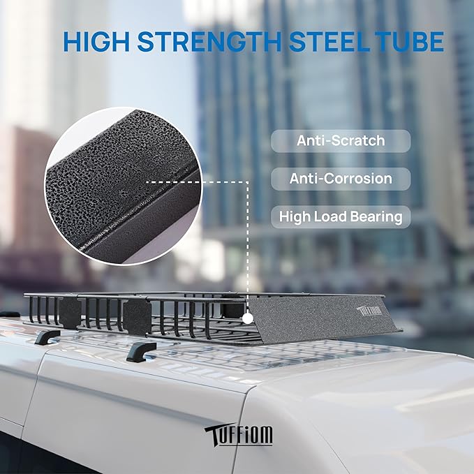 TUFFIOM 250lbs 64 x 39 x 6 inch Extendable Roof Top Cargo Carrier Basket w/Net+Storage Bag+Footrest+Straps, Heavy Duty Rooftop Luggage Holder Steel Rack for SUV Car Truck Van Travel Camping