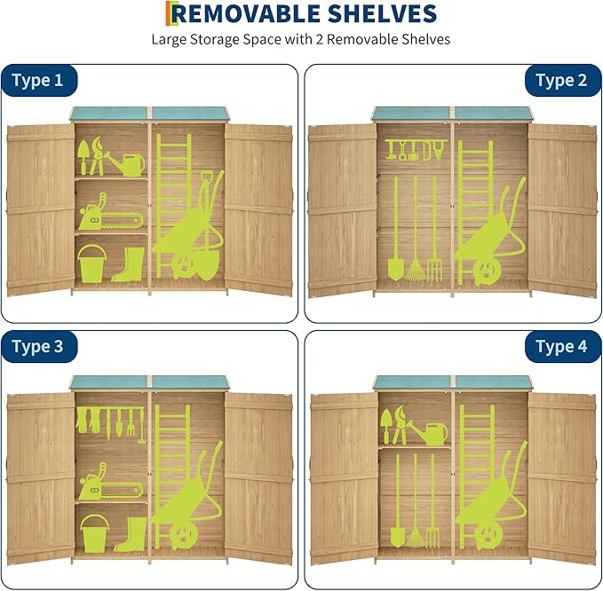Wooden Outdoor Storage Cabinet, 64" Vertical Tall Garden Tool Shed with Waterproof Sloped Roof, Lockable Double Doors, Removable Shelves, Utility Tool Organizer for Patio, Backyard, Lawn Equipment