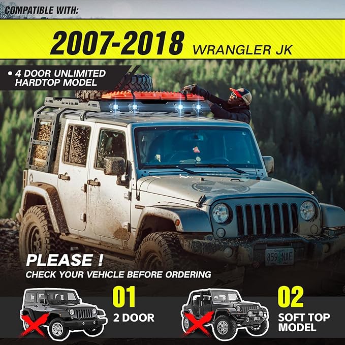 for JK JKU Roof Rack Hard Top Cargo Basket with Ladder & 4 LED Lights Compatible with 2007-2018 Jeep Wrangler JK JKU Unlimited 4 Doors Hardtop, Rooftop Rack Carrier Luggage Storage Holder