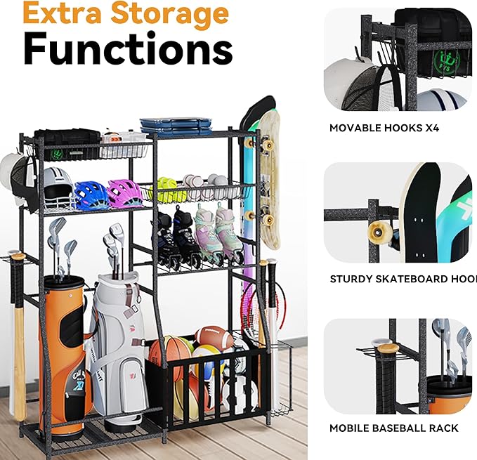 HOMREST Sports Equipment Storage,2 Golf Bag Storage Stand, Ball Holder, Garage Sports Organizer with Basket and Hooks, Sports Ball Storage for Toy Sports Gear Storage, Black