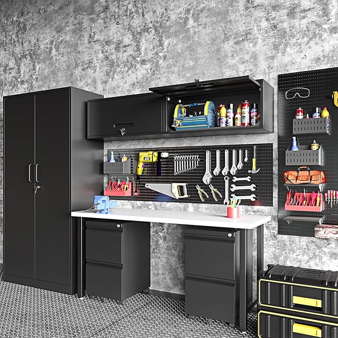 Small Wall-Mounted Locking Cabinet Metal Garage Storage Cabinet Hanging Medicine Lockable Steel Utility Floating Tool 14" H Assembly Required Black