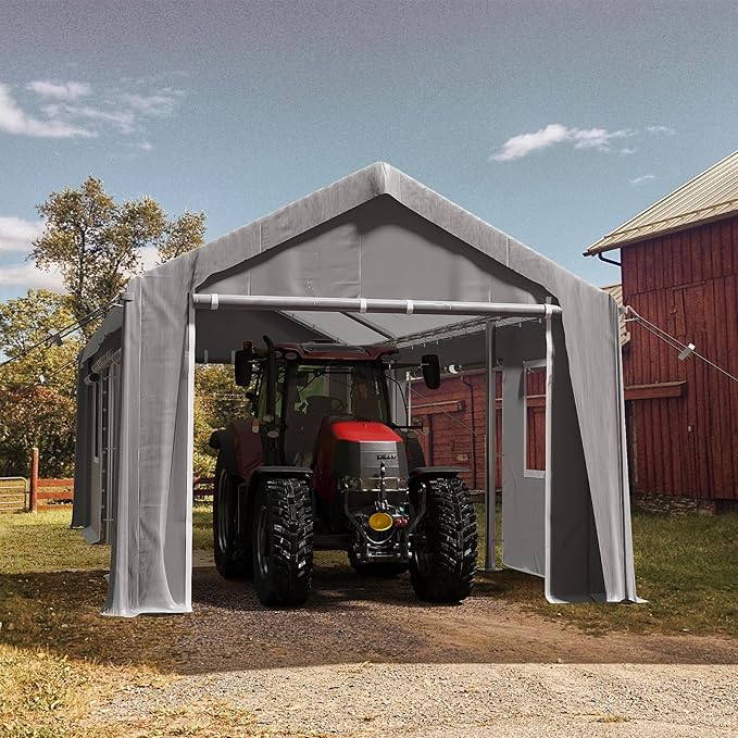 12x20ft Heavy Duty Carport Outdoor Canopy Portable Garage with 4 Doors & 4 Windows Waterproof UV Resistant Storage Shelter with Removable Sidewalls for Car Truck Boat, Gray