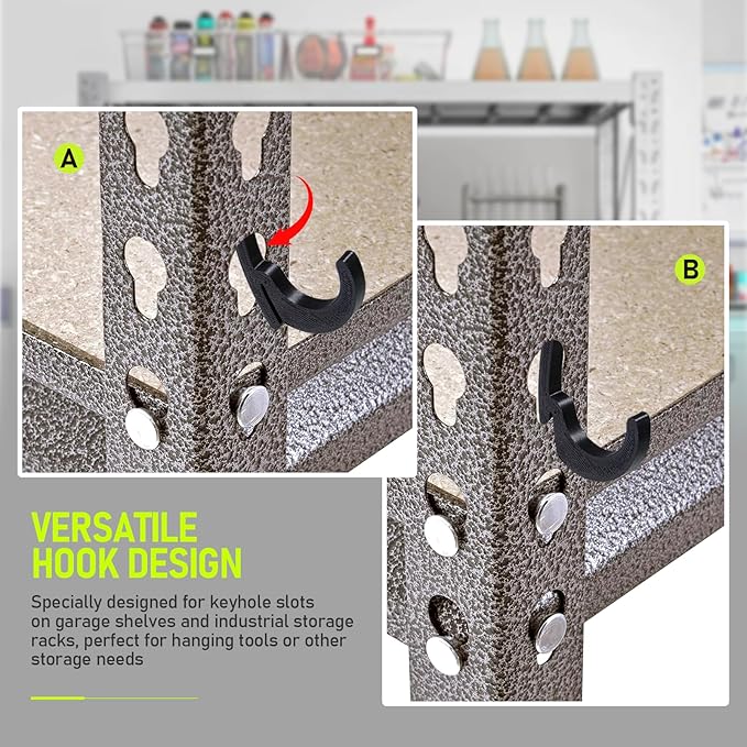 HUIKANGSHENG 16 Pcs L-Hooks & J-Hooks for Garage Shelving & Industrial Storage Racks, UV-Resistant, Supports Up to 40 lbs,Compatible with Keyhole Slots