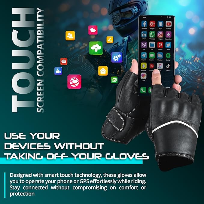 aasportx Motorcycle Gloves - Men's Leather Motorbike Gloves with Touchscreen Function - Non-Slip Pads for Men & Women