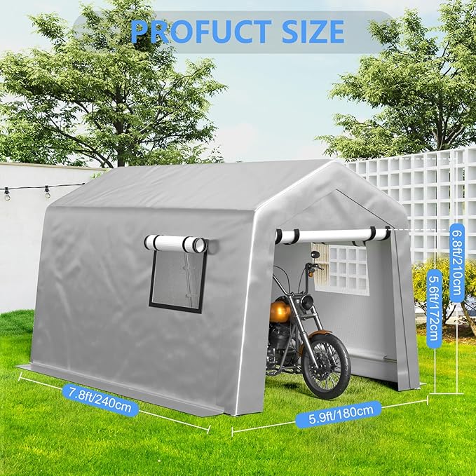 6x8 ft Carport Heavy Duty Tent with Roll-up Windows, Portable Garage with Removable Sidewalls & Doors, Car Canopy All-Season Tarp for Car Boat Truck Motorcycle