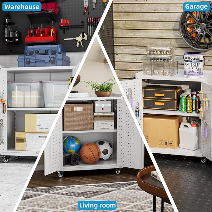 Metal Storage Cabinet with 2 Doors and 4 Hooks,34" H Top Workbench Mobile Tool Chests Garage Cabinets with 4 Wheels and Lock/Push Arm for Home,Office,Shop(White)