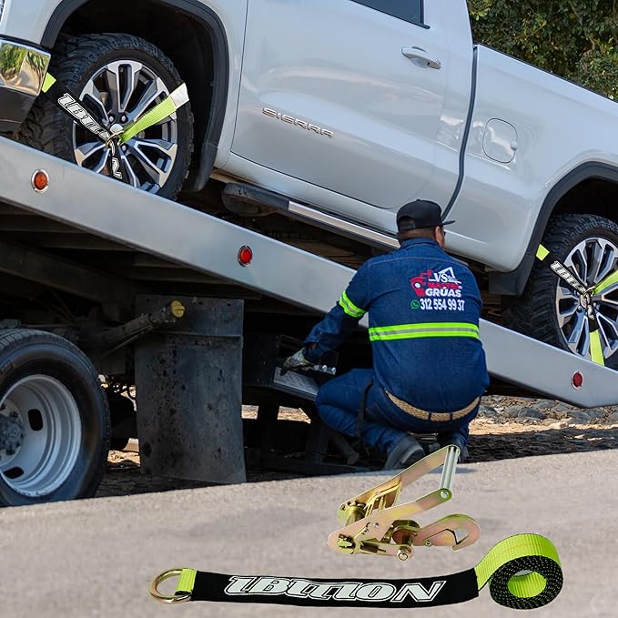 4 Pack Car Tie Down Straps for Trailers - 2" x 96" - 3,300 lbs Safe Working Load -Adjustable Wheel Straps for Hauling Cars.Green