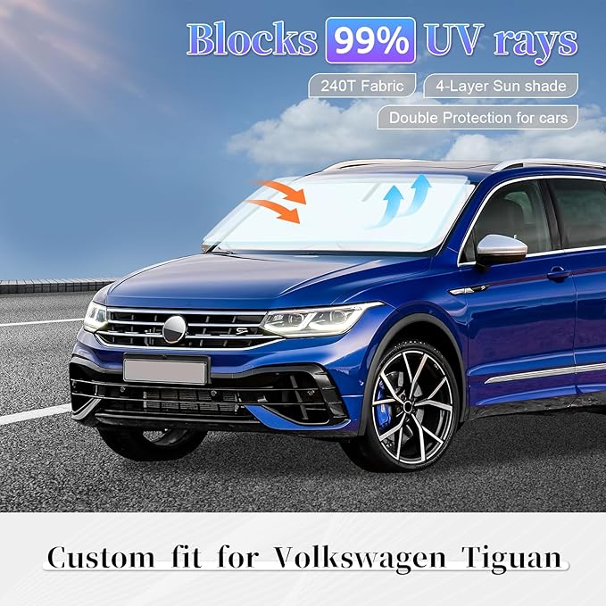 Sun Shade Sunshade for Volkswagen Tiguan 2018-2023 2024 2025 Windshield Cover, 4-Layer Front Window Shade Custom fit Tiguan Sun Visor 240T Retractable Shade Blocks UV Rays Cooler Car Accessories