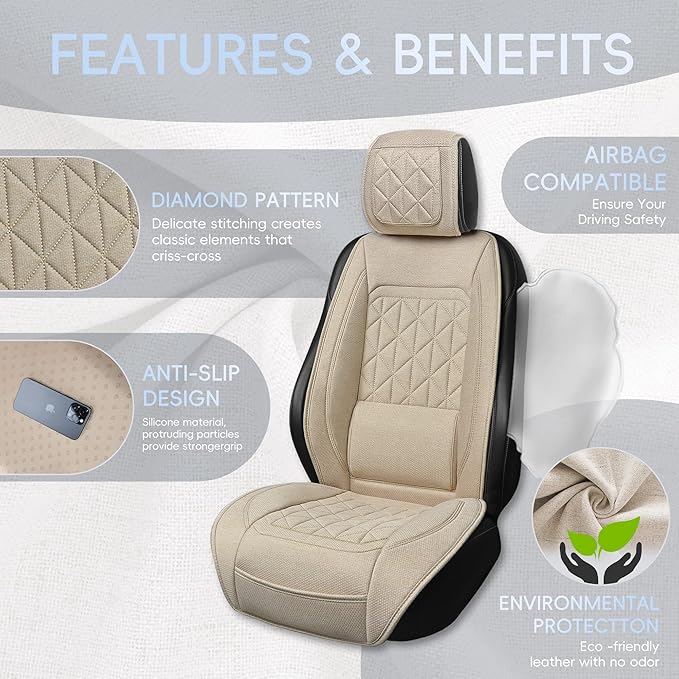 BABYBLU Linen Car Seat Cover for Cars - Durable & Non-Slip - Front Car Seat Protector Covers for Most Automotive, Vans, SUVs, Trucks