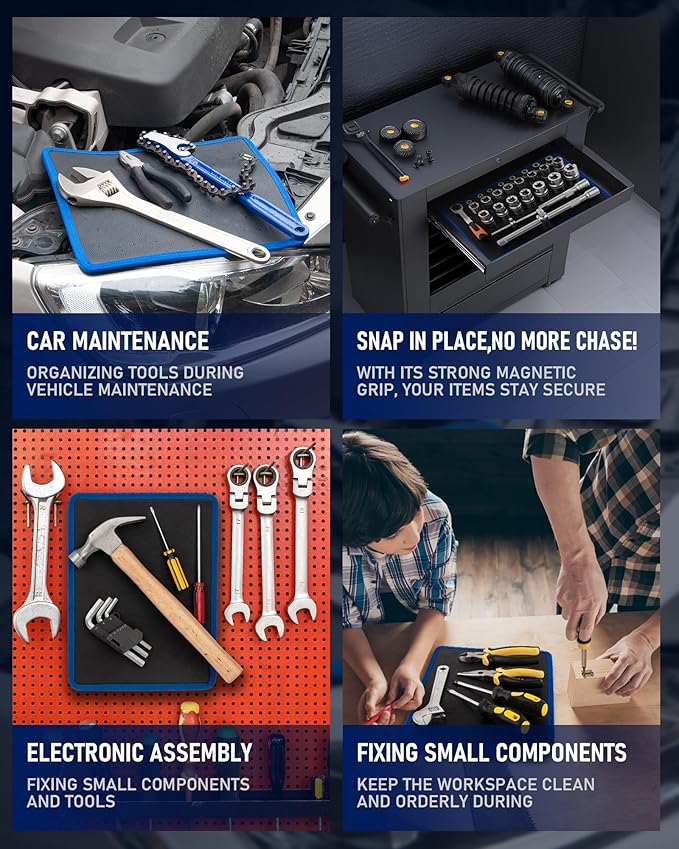 Magnetic Tool Mat Set, 4 Magnetic Pads, 40LB Tool Pad with Telescoping Magnetic Pickup Tools & Inspection Mirror, Tools Organizer for Garage, Workshop & Auto Repair