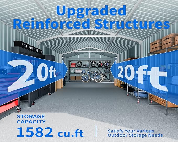 20 x 13 FT Outdoor Storage Shed, Metal Garage Shed with 2 Lockable Doors, Large Metal Building with 4 Air Vents, Galvanized Steel Prefab Storage House for Car, Truck, Bike, Tool, Dark Gray (Upgrade)