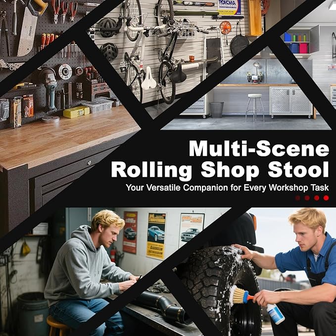 Rolling Shop Stool with Wheels, Garage Mechanic Shop Chair with Handle Backrest, Adjustable Height Work Stool, Roller Seat with Tool Tray Storage, Heavy Duty, 330 LBS Capacity, Red