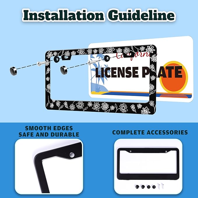 Black and White Daisies License Plate Frame Flower Art License Plate Holder for Front or Rear Car Tags Stainless Steel Funny Car Decoration with Screws 6.3 X 12.2 in