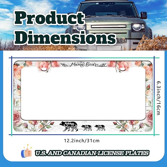 Mama Bear License Plate Frame Beautiful Flowers for Front or Rear Car Tags Stainless Steel License Plate Holder Funny Car Decoration with Screws 6.3 X 12.2 in