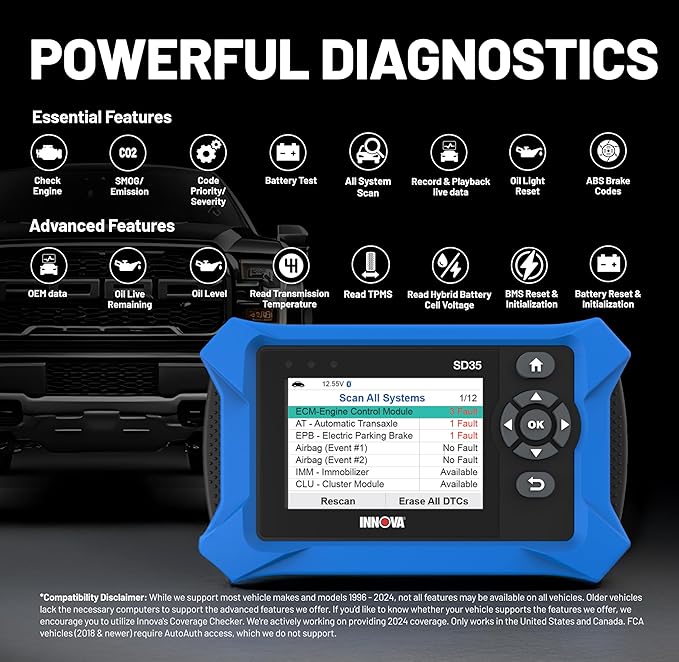 Innova SD35 OBD2 Scanner – ABS, SRS, TPMS & Check Engine Code Reader, Live Data, All System Diagnostics, Compatible with Most Vehicles