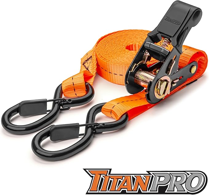 TitanPro Heavy Duty Ratchet Straps 4-Pack - 2,200lb Break Strength, 1" x 15' Rachet Tie Downs with Padded Handles - Heavy Duty, Truck, Motorcycle, Moving Straps (Orange)