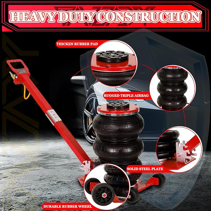 5T Triple Bag Air Jack 11000lbs Pneumatic Jack 3s Fast Lift Up 16in Airbag Jack with Adjustable Long Handle Heavy Duty Triple Air Bag Jack Lift for Cars Garage (Red)
