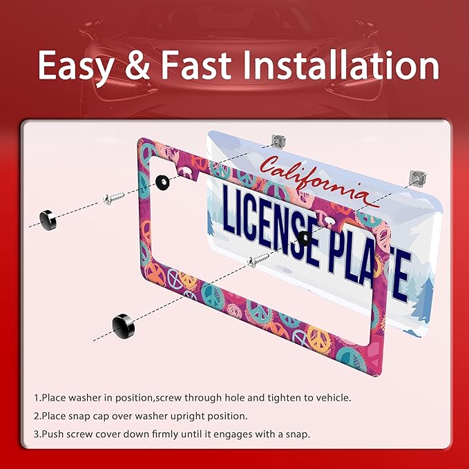 Groovy Hippie Peace Sign License Plate Frame Pink License Plate Frames Stainless Steel Accessories Cars Decor with 2 Holes and Screws Fits Standard US CA Vehicles Size 12.2 x 6 Inches