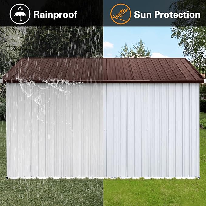 12 x 10 FT Metal Garden Shed, Outdoor Storage Shed with Heavy-Duty Steel Construction, Built-in Punched Vents & Hinged Door, Free Padlock for Secure Backyard, Patio & Garage Storage, White + Coffee