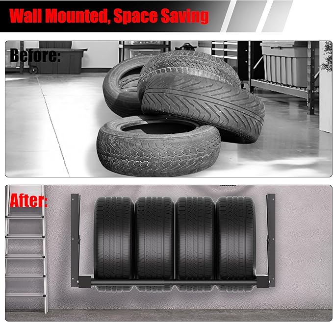 Wall Mount Folding Tire Rack, 32 to 48 Inches Wide Adjustable Tire Storage Rack, Heavy-Duty Steel Tire Storage Rack for Garage ,Workshop, Repair Shop, Supports 400 Pounds and Folds Flat