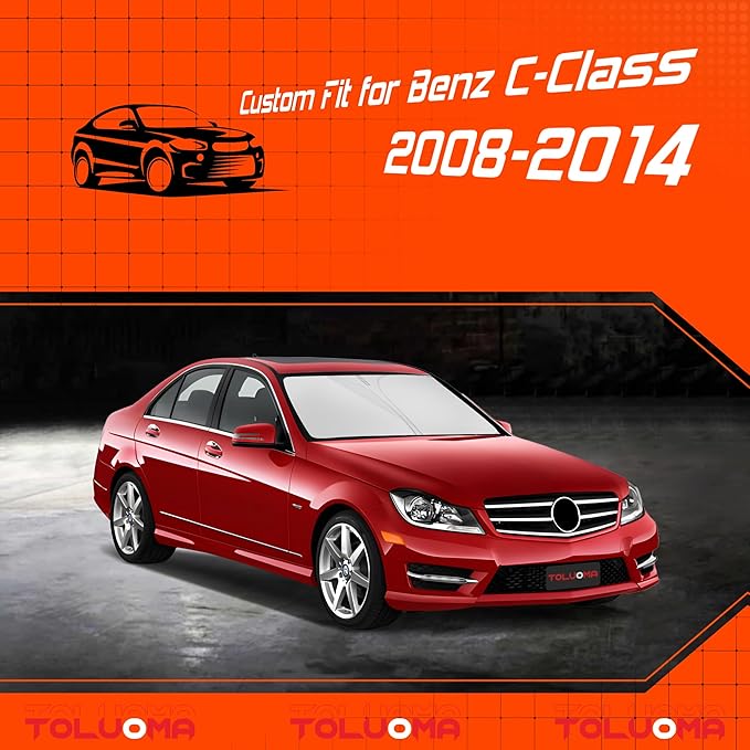 Custom Fit Windshield Sun Shade for Benz C-Class 2008-2014 - Full Coverage, 210T Reflective Fabric, Double-Layer Design - Blocks 99% UV Rays, Keeps Car Cool, Easy to Install and Store