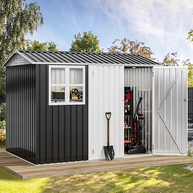 DWVO 8' x 6' Outdoor Storage Shed, Waterproof Metal Garden Shed with Windows, Lockable Doors, and Sloped Roof for Patio, Backyard, Lawn, Tool Storage, Bike Shed, Pet Shelter (Gray + White)