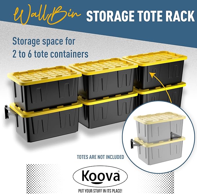 Koova Wall Mounted Tote Rack Storage System, Fits 27-Gallon Black and Yellow Commander Style Bins, Wall Mount Bracket Shelves for Garage Organization, Heavy Duty Steel, Made in USA (2-Piece Set)