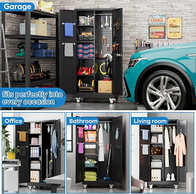 Garage Storage Cabinet with Wheels and 5 Pegboard, 71" H Metal Storage Cabinets with 2 Locking Doors and 4 Shelves, Broom Closet Storage Cabinet with Hanging Rod and 13 Hooks, Black
