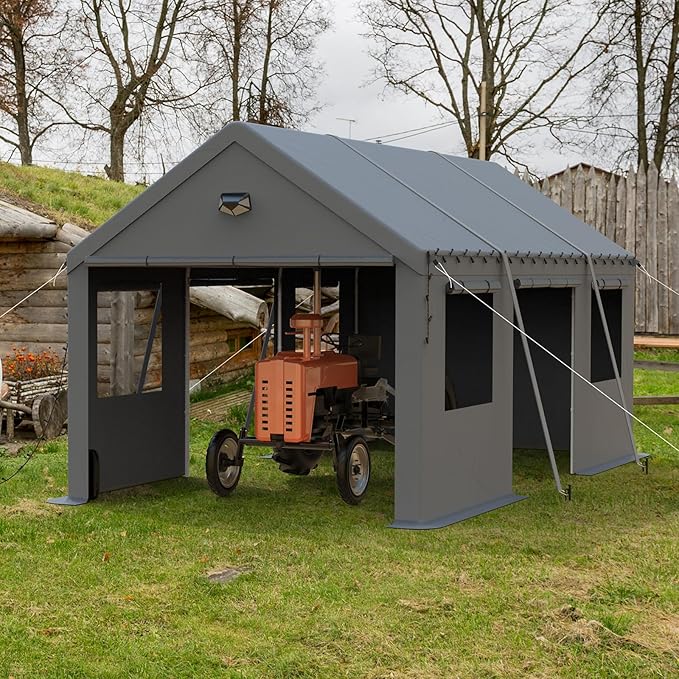 10x20 Carport, Heavy Duty Carport Canopy Garage with Removable Sidewalls and Drive Through Roll Up Zipper Doors & Side Doors, Grey