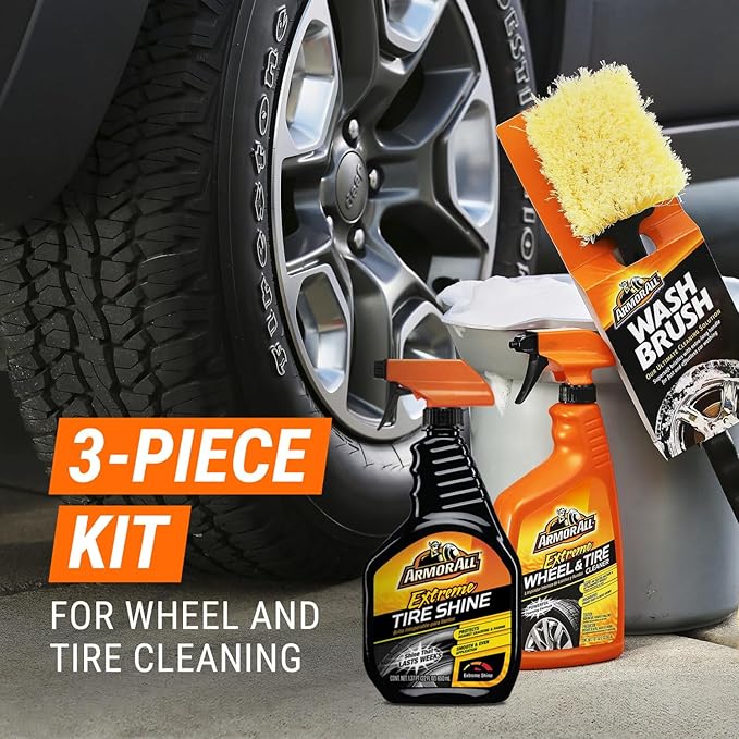 Armor All Wheel Cleaner and Tire Shine Kit, Heavy Duty Car Wheel Cleaner, Extreme Tire Shine Spray and Wash Brush - 3 Count