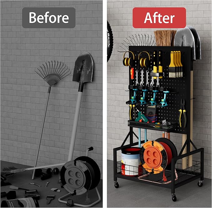 All-in-One Garage Storage Cart with Locking Wheels – Heavy-Duty Tool Organizer with Rack, Pegboard & Hooks & Accessories – Ideal for Garage, Garden, Yard – Utility Cart with Versatile Storage