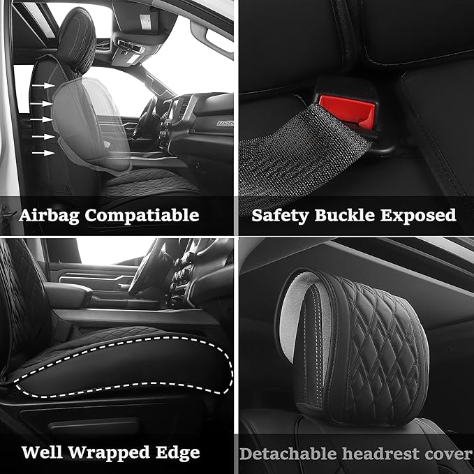 JOJOBAY Car Seat Covers for Dodge Ram 2 Pcs Front,Fit Ram 2009-2025 1500/2500/3500 Pick-up Truck,Crew,Regular,Quad,Mega Cab,Waterproof Leather Automotive Seat Covers 2 PCS Front,Black