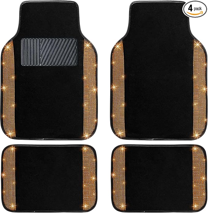 NBTEPEM Bling Car Floor Mats Full Set, Universal Fit Most Cars,SUV, Trucks, 4 pcs Sparkle Glitter Diamond Carpet for Women Girls with Anti-Slip Pad (Orange Diamond)