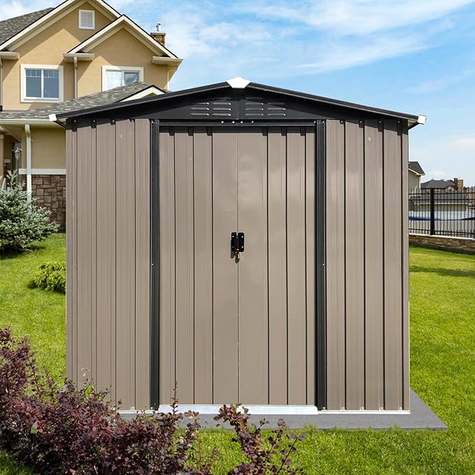 4 x 6 FT Metal Garden Shed, Outdoor Storage Shed with Sliding Doors, Rust-Resistant Steel Construction for Tools, Hobbies & Workshop Use, Brown