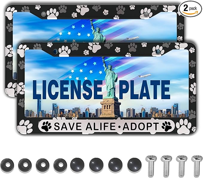 License Plate Holder Black and White License Plate Frames Save a Life Adopt Aluminum Metal Car Accessory 2 Pack with Screw Covers Set