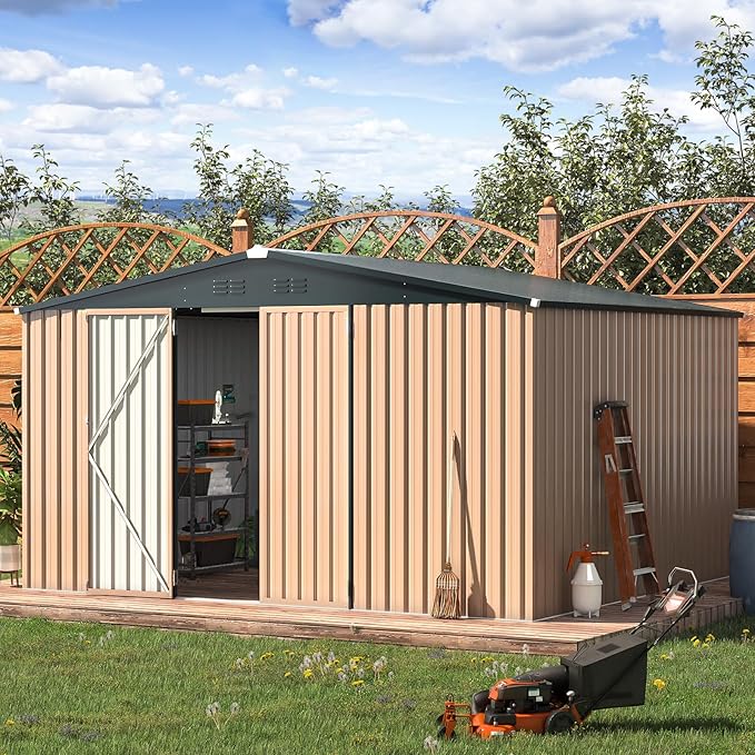 AECOJOY 12' x 10' Outdoor Storage Shed, Large 10x12 Metal Sheds & Outdoor Storage Clearance Steel Yard Shed with Lockable Doors, Utility and Tool Storage Garden Shed for Backyard, Patio, Outside use
