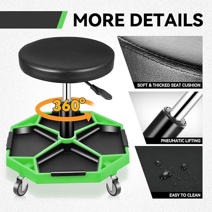 Auto Dynasty Mechanic Stool, Adjustable Rolling Pneumatic Creeper Garage Shop Seat with Tool Tray, 300 LBS Roller Seat for Workshop Auto Repair, Adjustable Height 15.7" to 21", Green