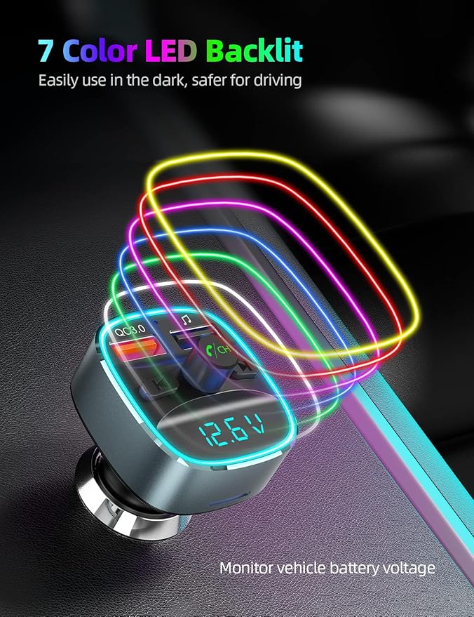 Nulaxy Bluetooth FM Transmitter for Car,Bluetooth Car Adapter with Dual USB Charging Car Charger MP3 Player Support TF Card & USB Disk,Hands-Free Calling,7 Colors Led Backlit Light-Gray