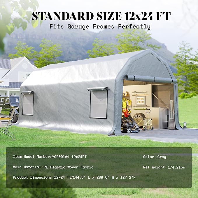 AMERLIFE 12x24 FT Heavy Duty Carport Garage Canopy, All-Weather Steel Frame Outdoor Shelter with Roll-Up Door & 4 Vented Windows, UV-Proof Waterproof Portable Storage for Cars, Boats, Silver