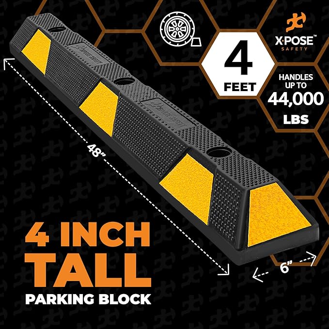 Xpose Safety 48" Heavy Duty Rubber Parking Stopper – 1 Pack Wheel Blocks for Garage, Driveway, or Ramp – Car Bumper Stop with Yellow Reflective Strips – Removable Floor Mount
