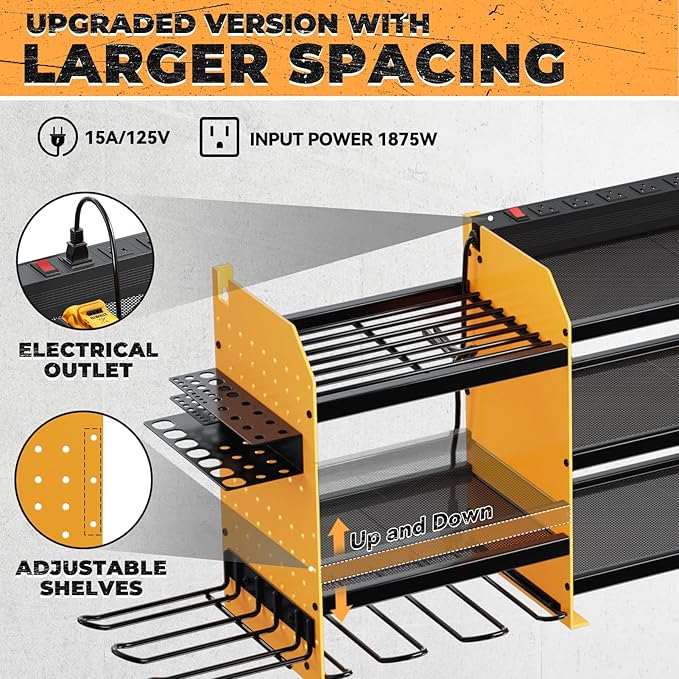Upgrade Large Power Tool Organizer Wall Mount with Charging Station Tool Storage Rack with 6.5FT Power Strip 10 Drill Holder and Storage Rack for Garage Organization
