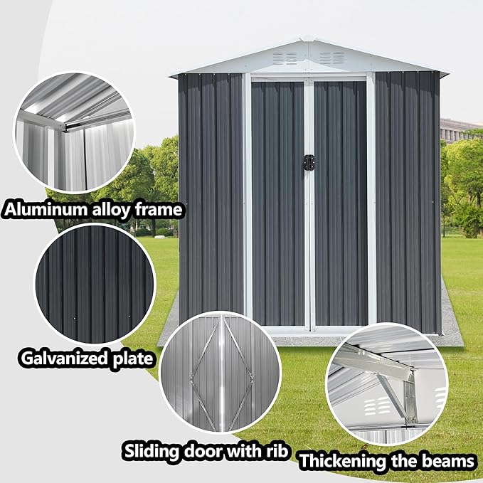 6x4 FT Outdoor Storage Shed, Metal Garden Shed with Frame Floor, Outside Tool Shed with Lockable Sliding Doors & 4 Air Vents, Waterproof Storage Building for Backyard, Patio, Lawn, Gray