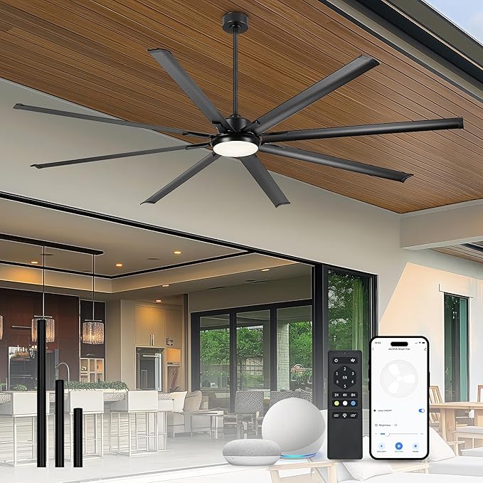 96-Inch Industrial Ceiling Fan with Lights and Remote - Extra Large Indoor/Outdoor Fan with 8 Aluminium Blades,Smart Fan Works with Voice Control,Model:ZCCF04BK-96