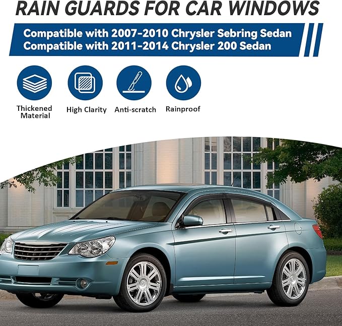 4pcs Front+Rear Smoke Tint Sun/Rain Guard Outside Mount Tape-On Vent Window Visors Compatible with 07-10 Sebring 11-14 200 Sedan